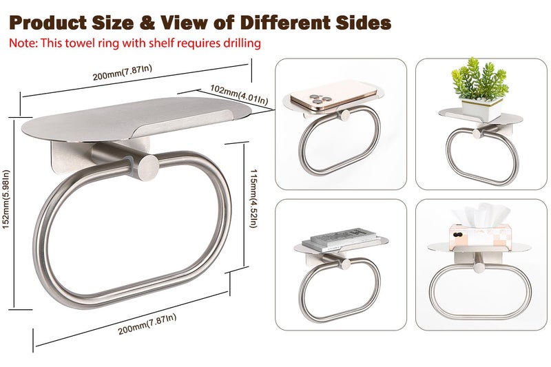 Siyzda Hand Towel Ring with Shelf  304 Stainless Steel Hand Towel Holder  Heavy Duty Bath Accessories  Wall Mounted Towel Hanger for Bathroom Kitchen (Brushed Nickel) - Image 2